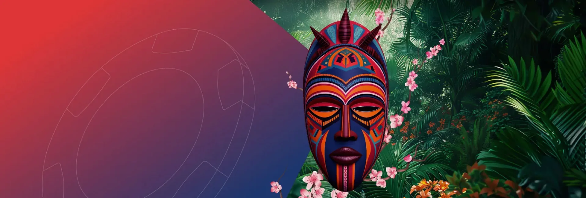 Carved mask with jungle foliage beside a red and violet gradient panel